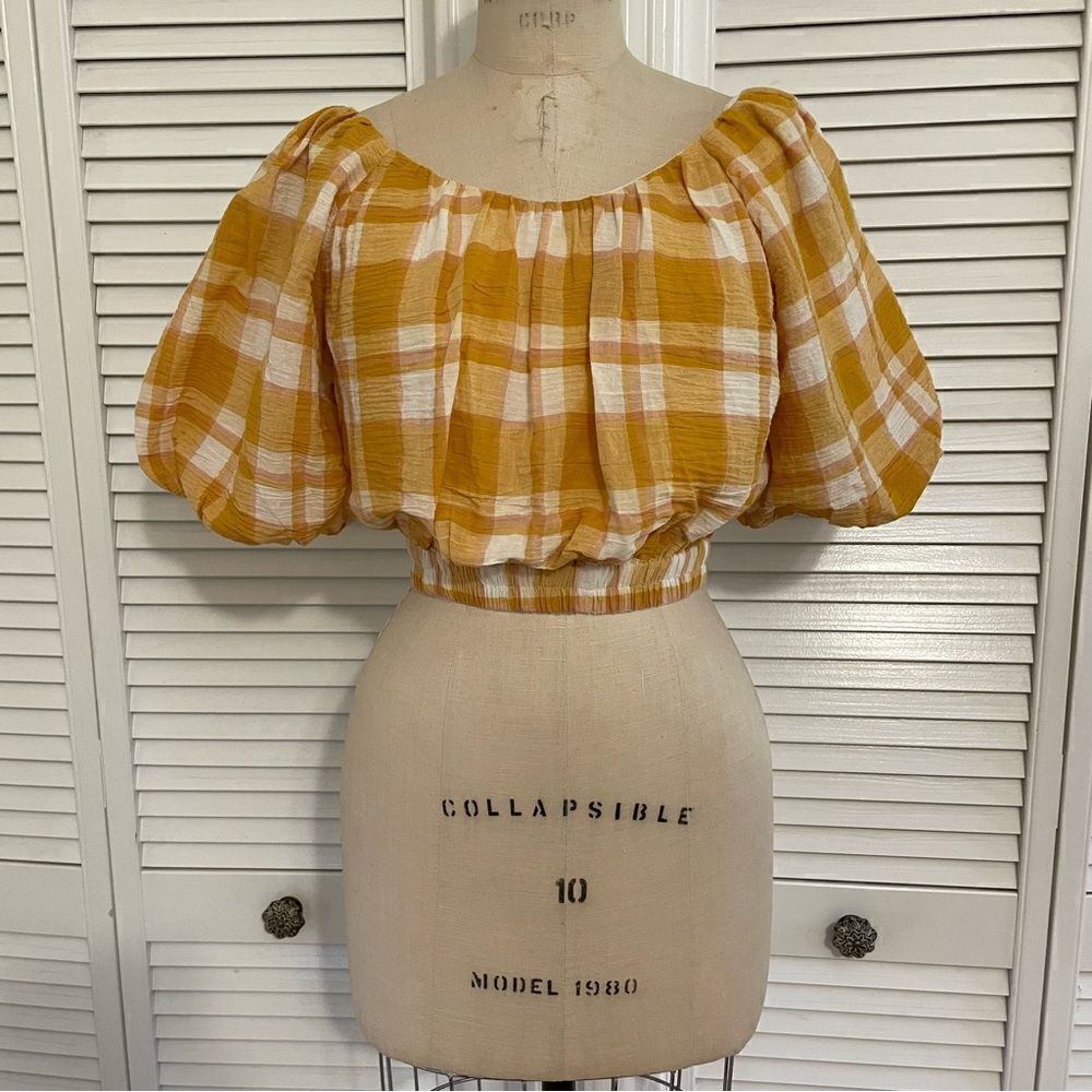 MNG by Mango Yellow Plaid Cotton Cropped Peasant Top Sz-S NWT!